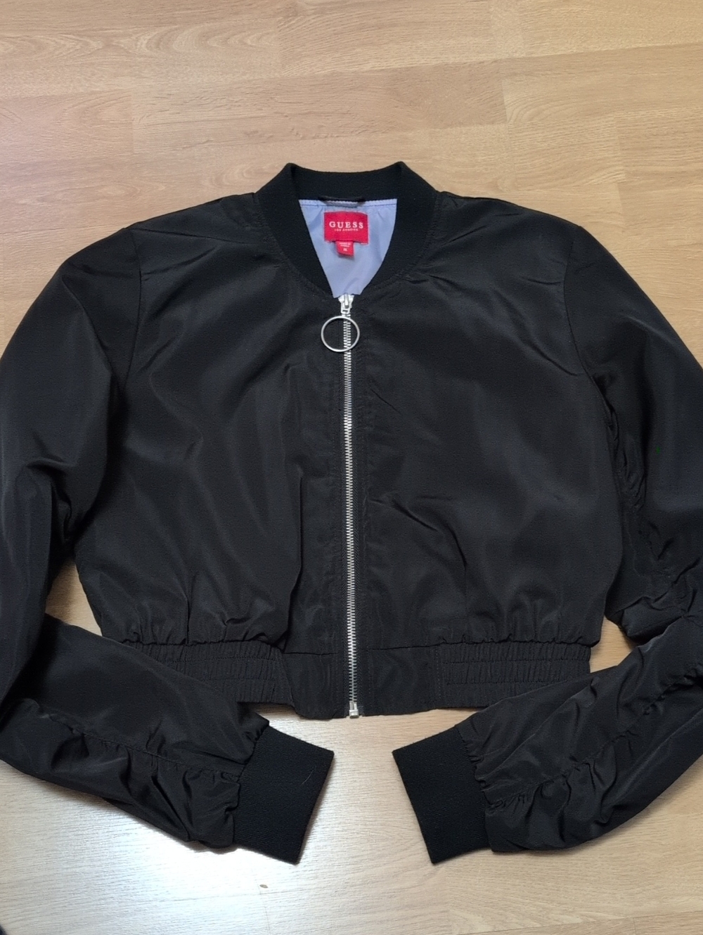 GUESS Black Cropped Bomber Jacket with Ring Zip